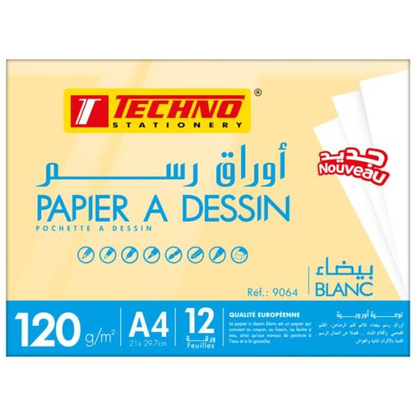 PAPIER A DESSIN BLANC POCHETTE 12 FEUILLES 120g A4 "TECHNO" REF: 9064