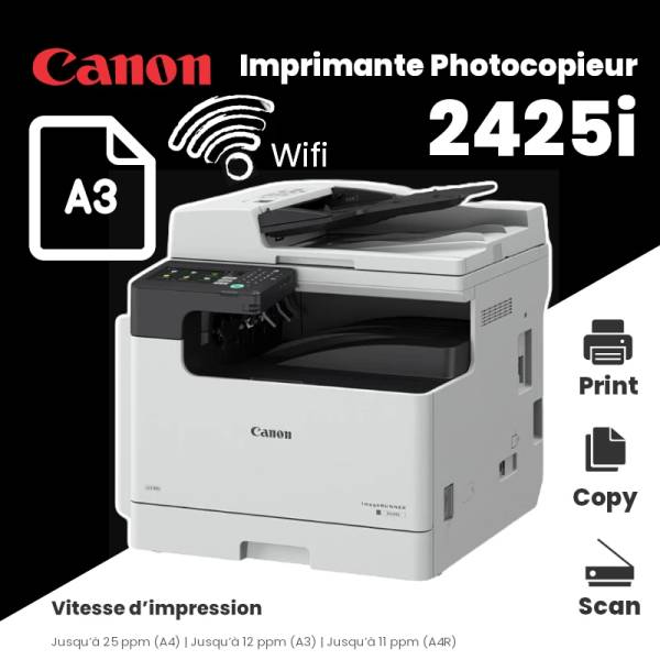Imprimante Canon ImageRunner 2425i multifonction/A3/monochrome/connectivité Wifi et USB/recto verso/ADF/ecran LCD